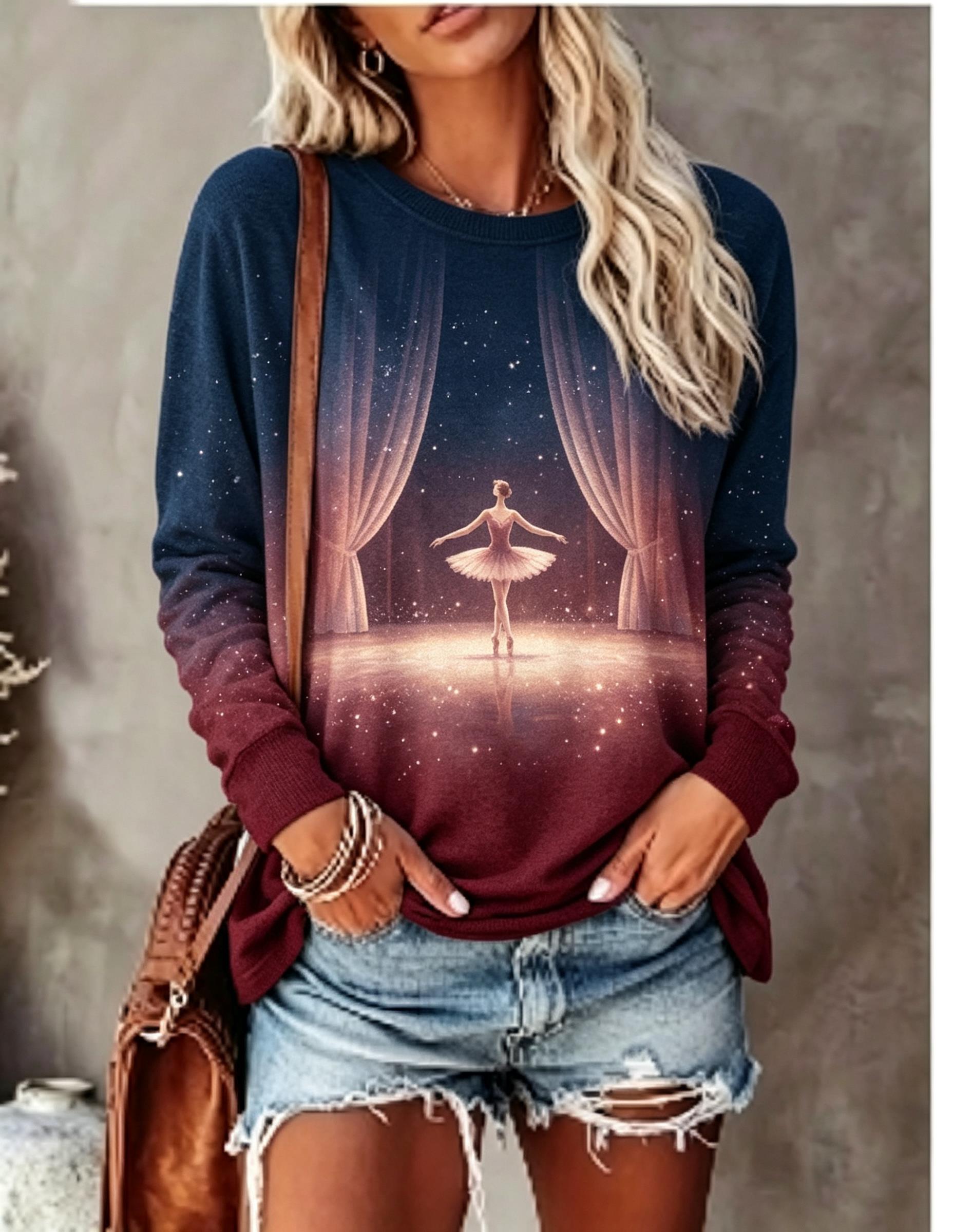 Wallpaper - 女性用長袖Tシャツ バレエダンサー ステージカーテン スターグローグラデーションプリント クルーネックトップス