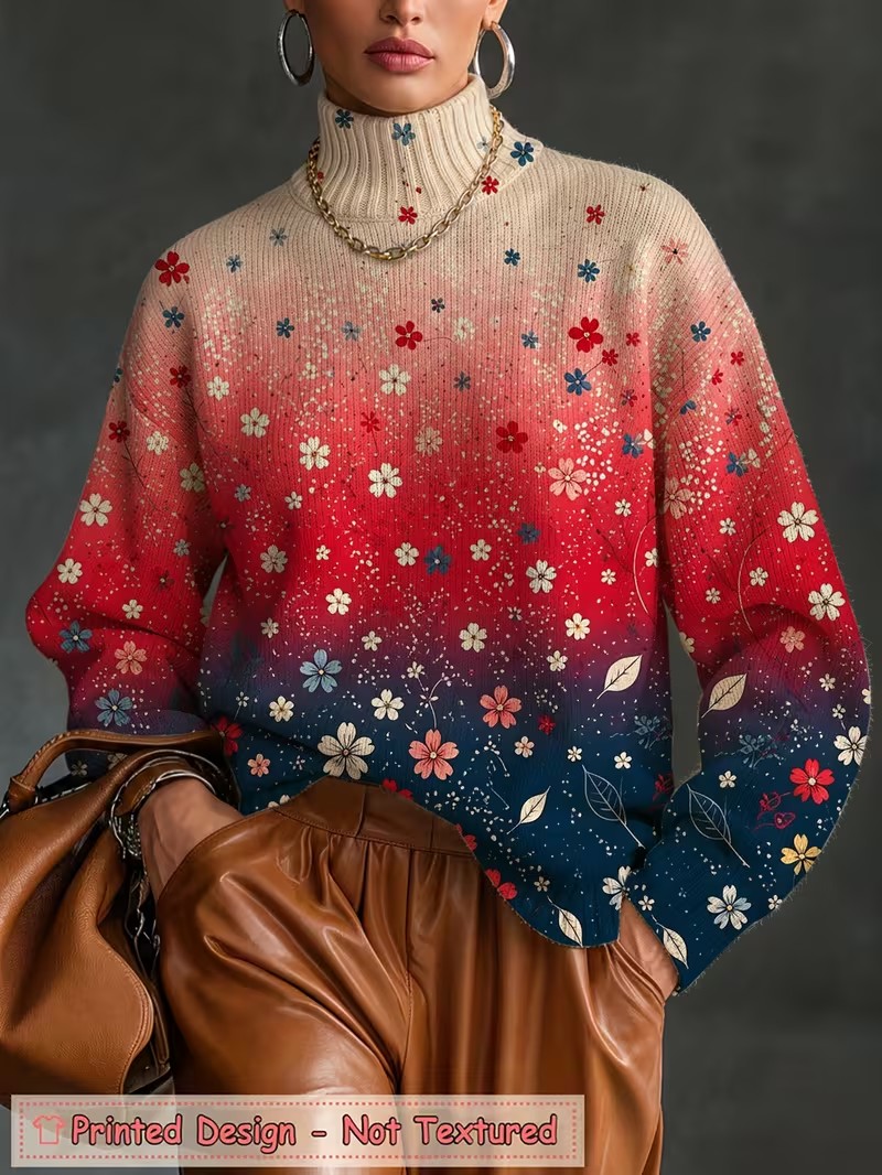 レディース タートルネック Tシャツ グラデーションの花柄プ - Wallpaper のレビューと価格