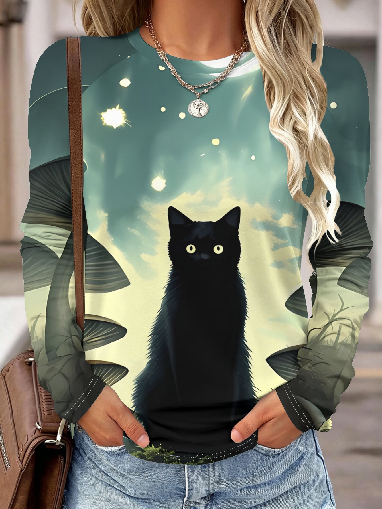 レディース 長袖シャツ ポケット付き 猫の3Dプリント ラウ - Wallpaper のレビューと価格