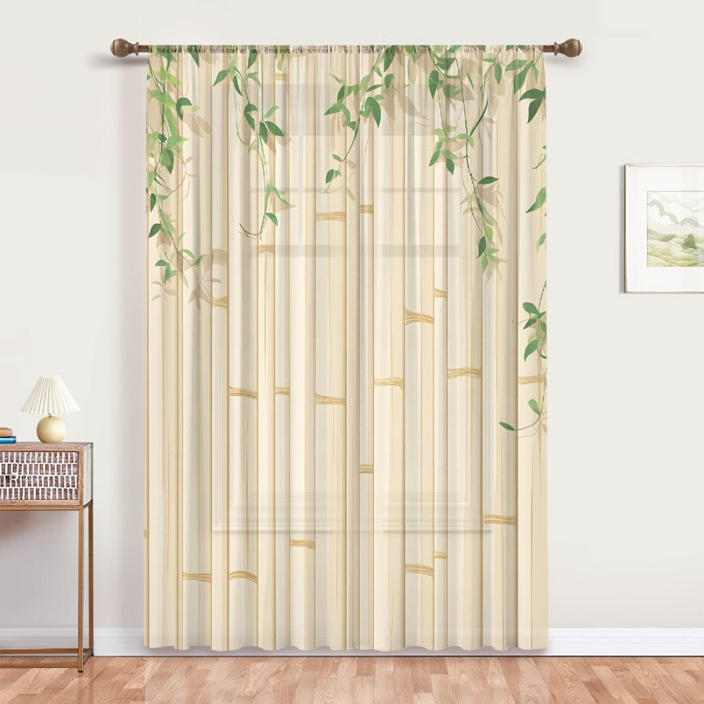 1枚入りシアー カーテン 竹の葉とグリーンのベージュ柄、リビ - Curtain Rods のレビューと価格