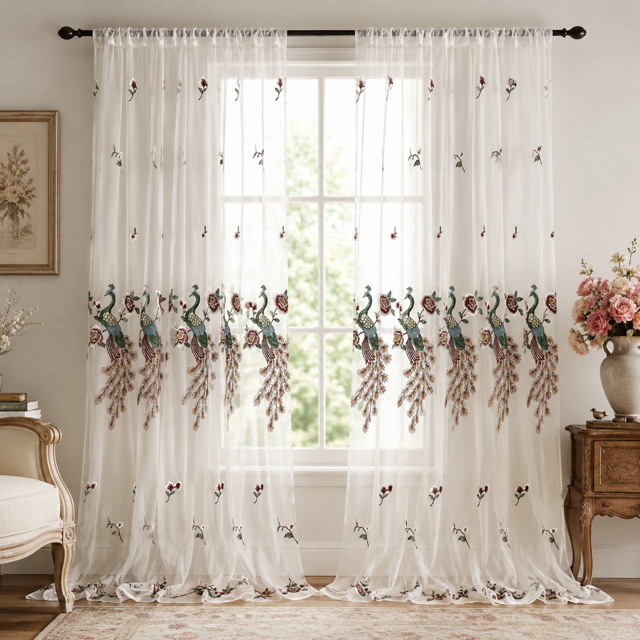 1枚、白いフレッシュなインスタイルの牡丹と孔雀の刺繍入りシア - Curtain Rods のレビューと価格